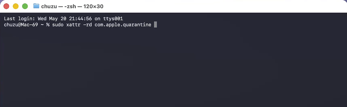 2.打开终端，复制以下命令完整粘贴到终端： sudo xattr -rd com.apple.quarantine